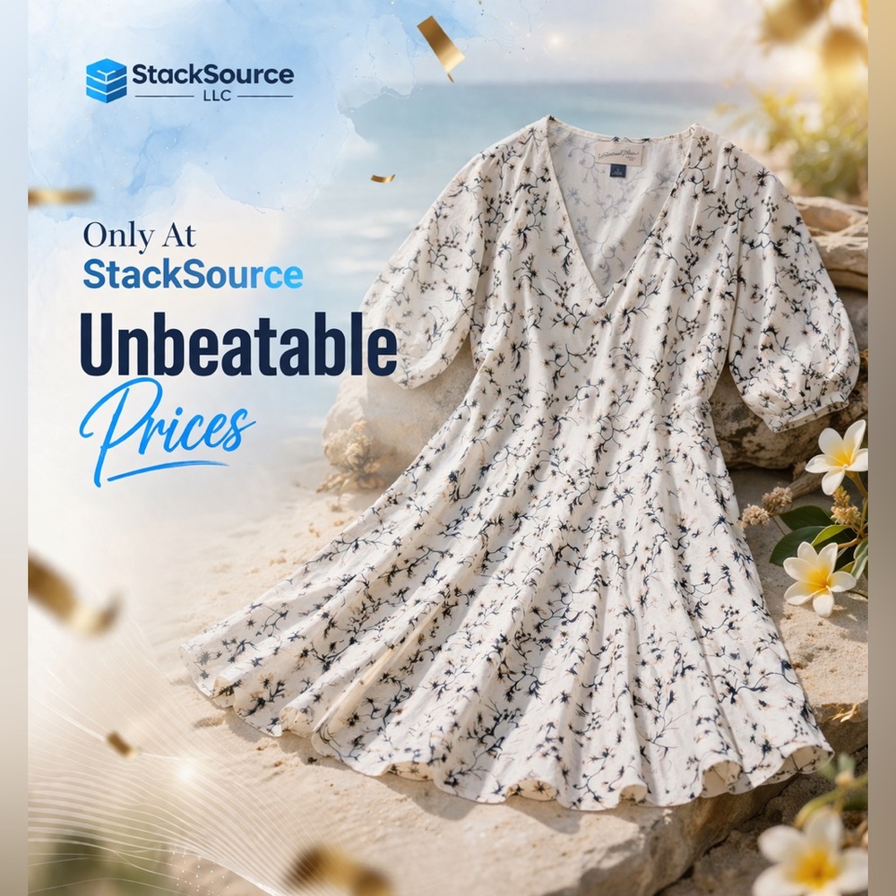 Universal Thread White V-Neck Dress with Navy and Gold Floral Print